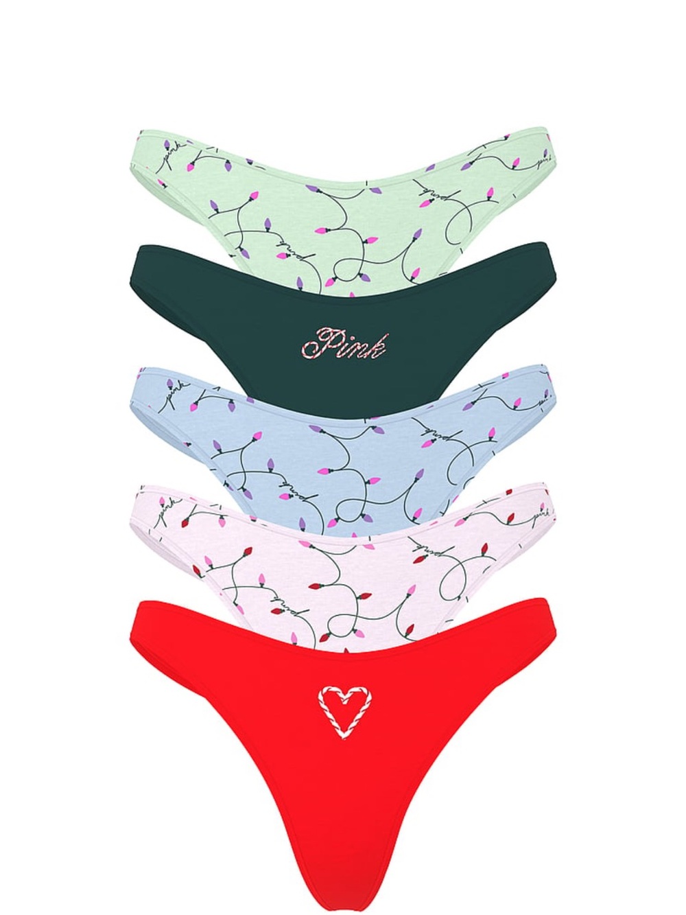 Pink Victoria Secret 5-Pack Thong Cotton Panties In Holiday Lights